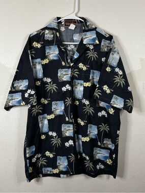 Torch Clothing Hawaiian Shirt Sz Med 100% Cotton Blue Palm Trees Ocean Flowers